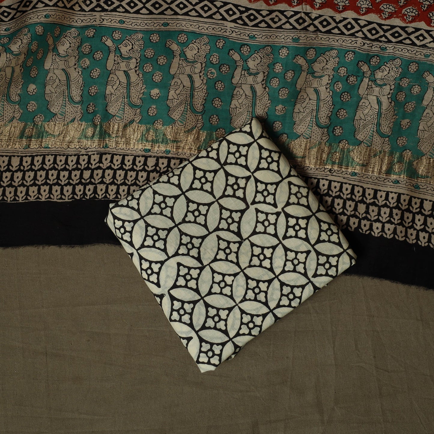 Maheshwari silk hand block bagru print 3pc unstitched dress