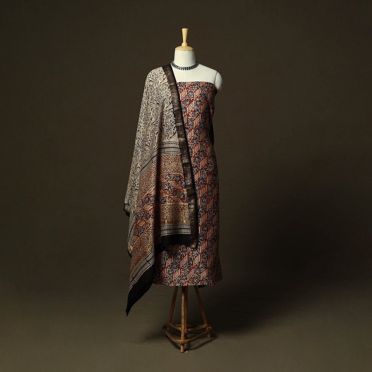 Maheshwari silk hand block bagru print 3pc unstitched dress