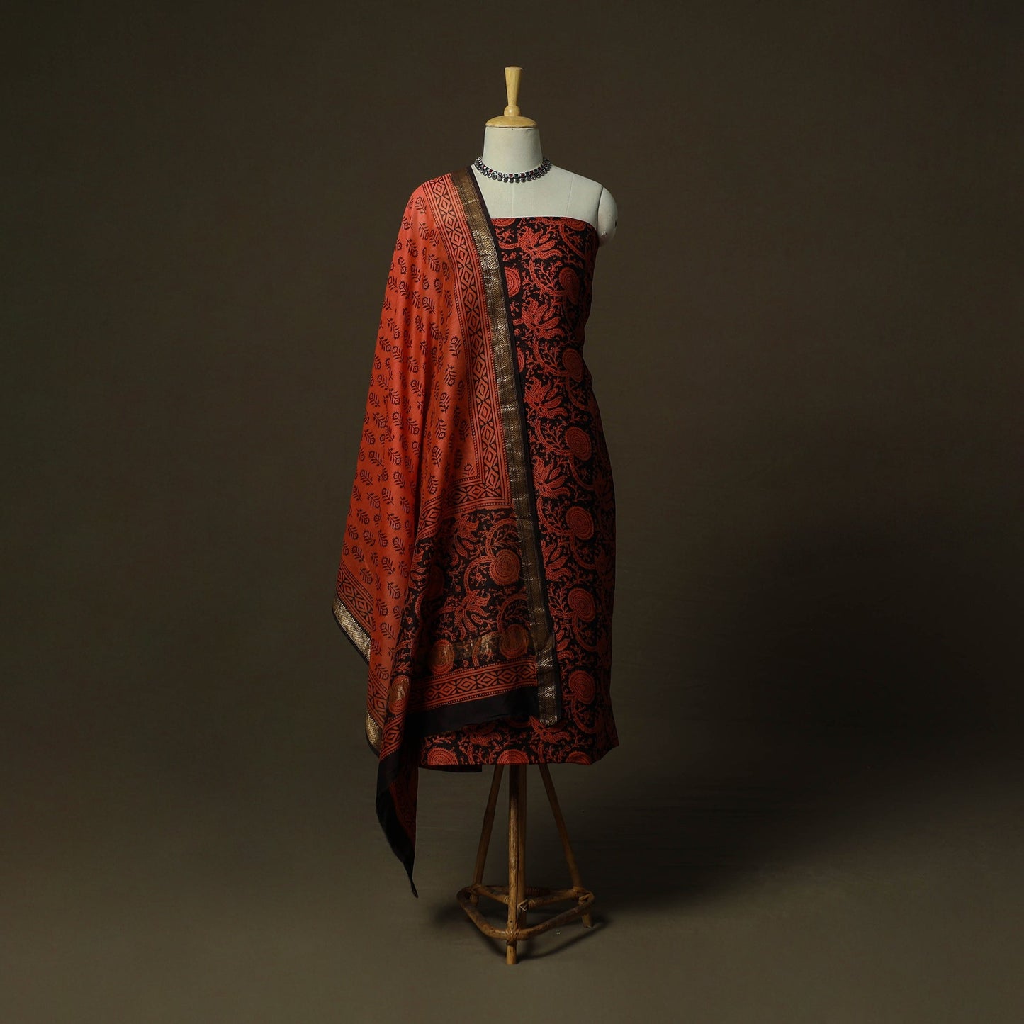 Maheshwari silk hand block sanganeri print 3pc unstitched