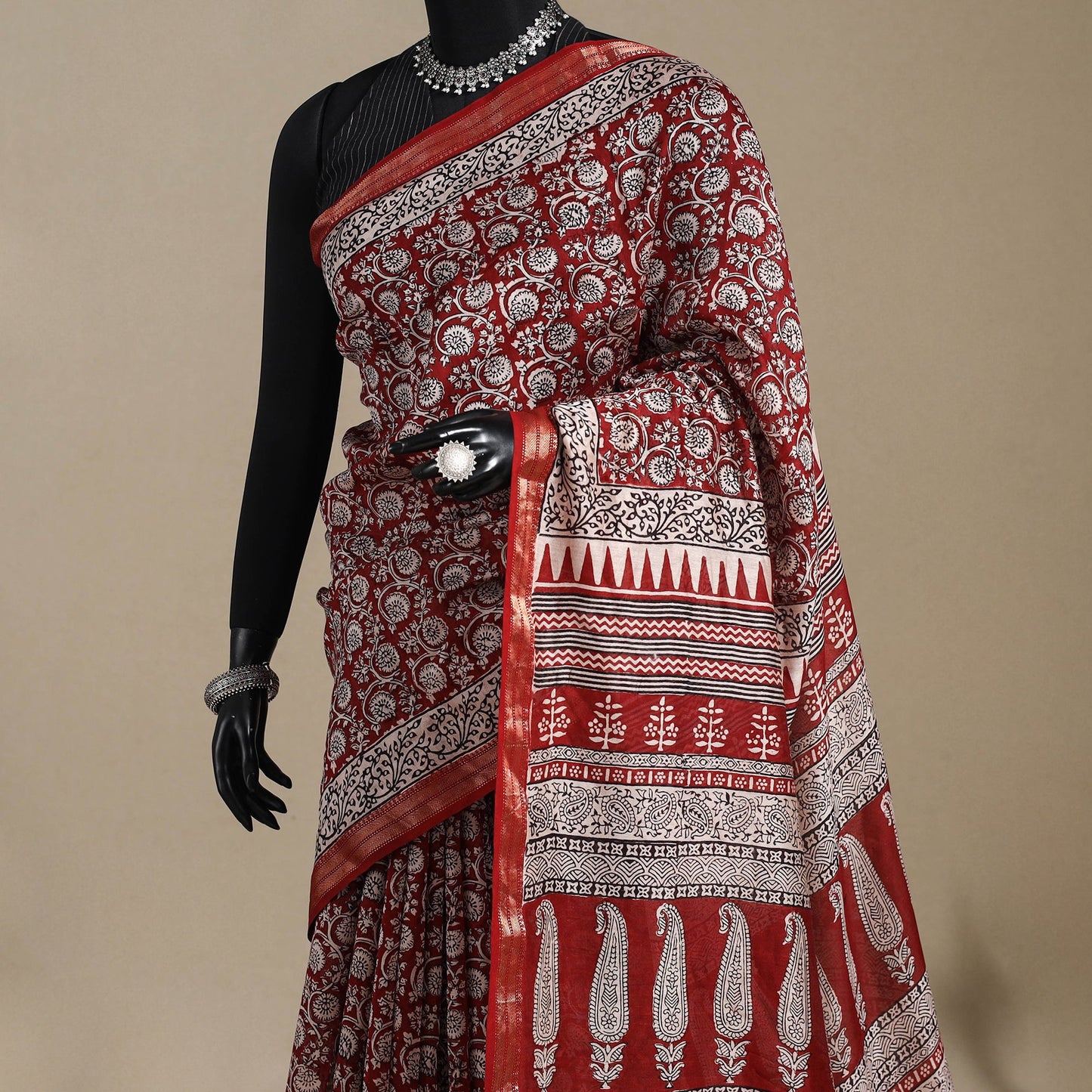 Red - maheshwari silk natural dyed bagh saree with zari