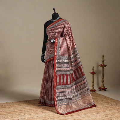 Red - maheshwari silk natural dyed bagh saree with zari