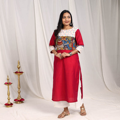 Red - mahira slub silk straight plain kurta with patchwork