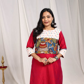 Red - mahira slub silk straight plain kurta with patchwork
