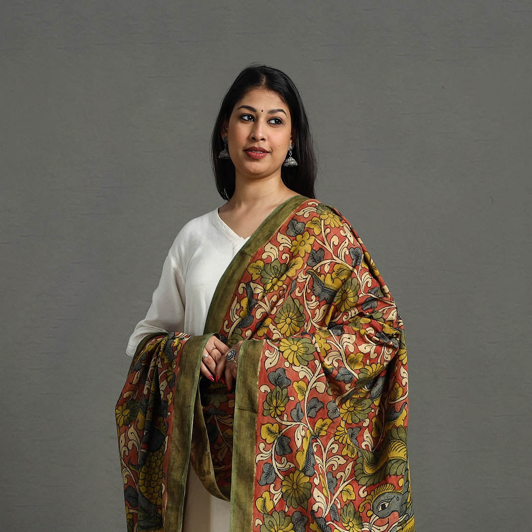 Red - mangalagiri cotton handpainted pen work kalamkari