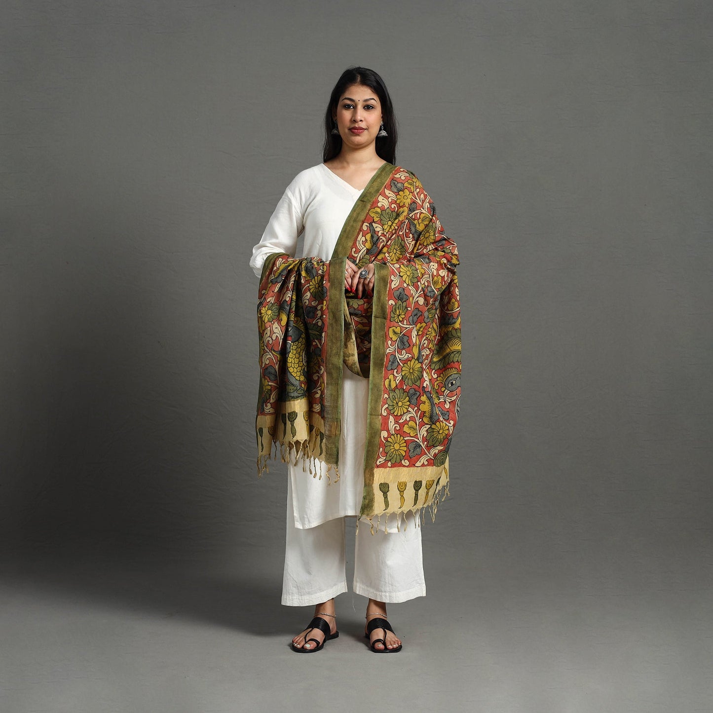 Red - mangalagiri cotton handpainted pen work kalamkari