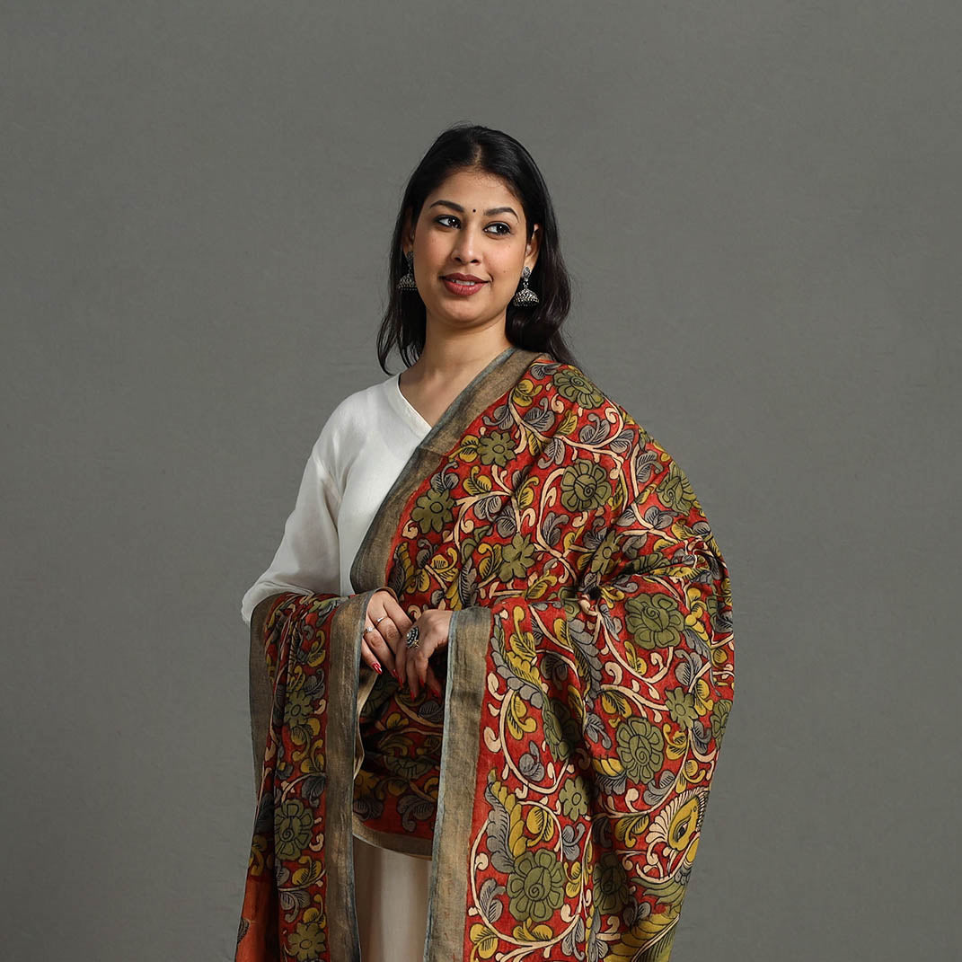 Red - mangalagiri cotton handpainted pen work kalamkari