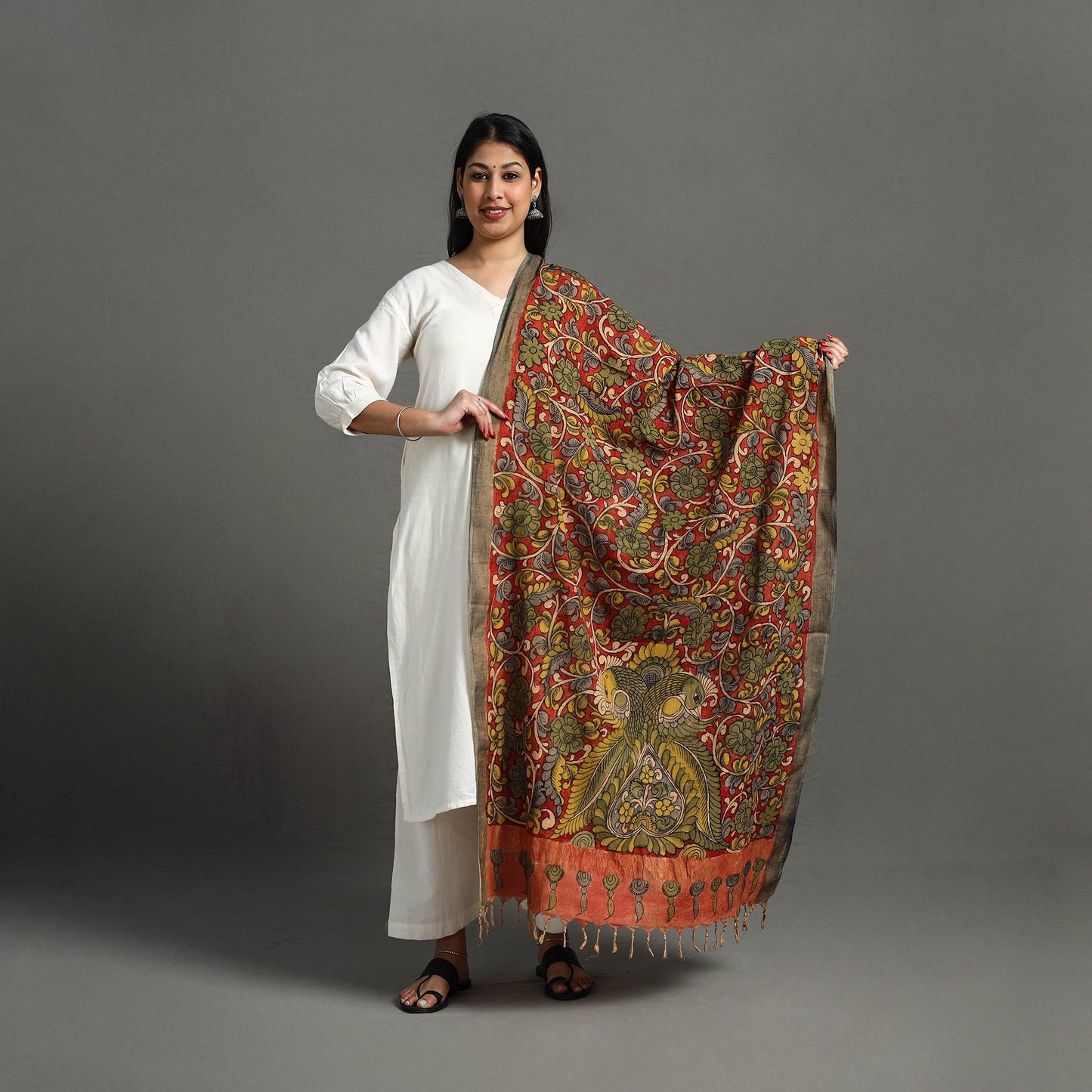 Red - mangalagiri cotton handpainted pen work kalamkari