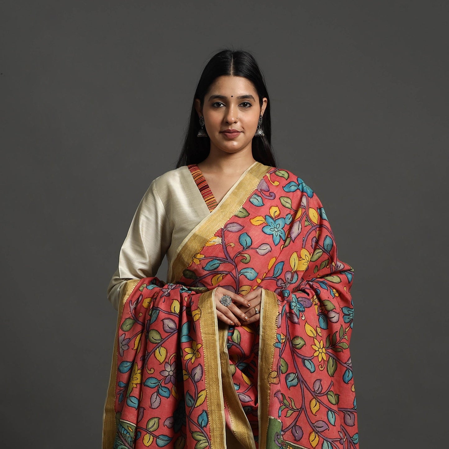 Red - Mangalagiri Cotton Handpainted Pen Work Kalamkari Dupatta 12