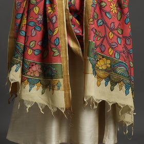 Red - Mangalagiri Cotton Handpainted Pen Work Kalamkari Dupatta 12