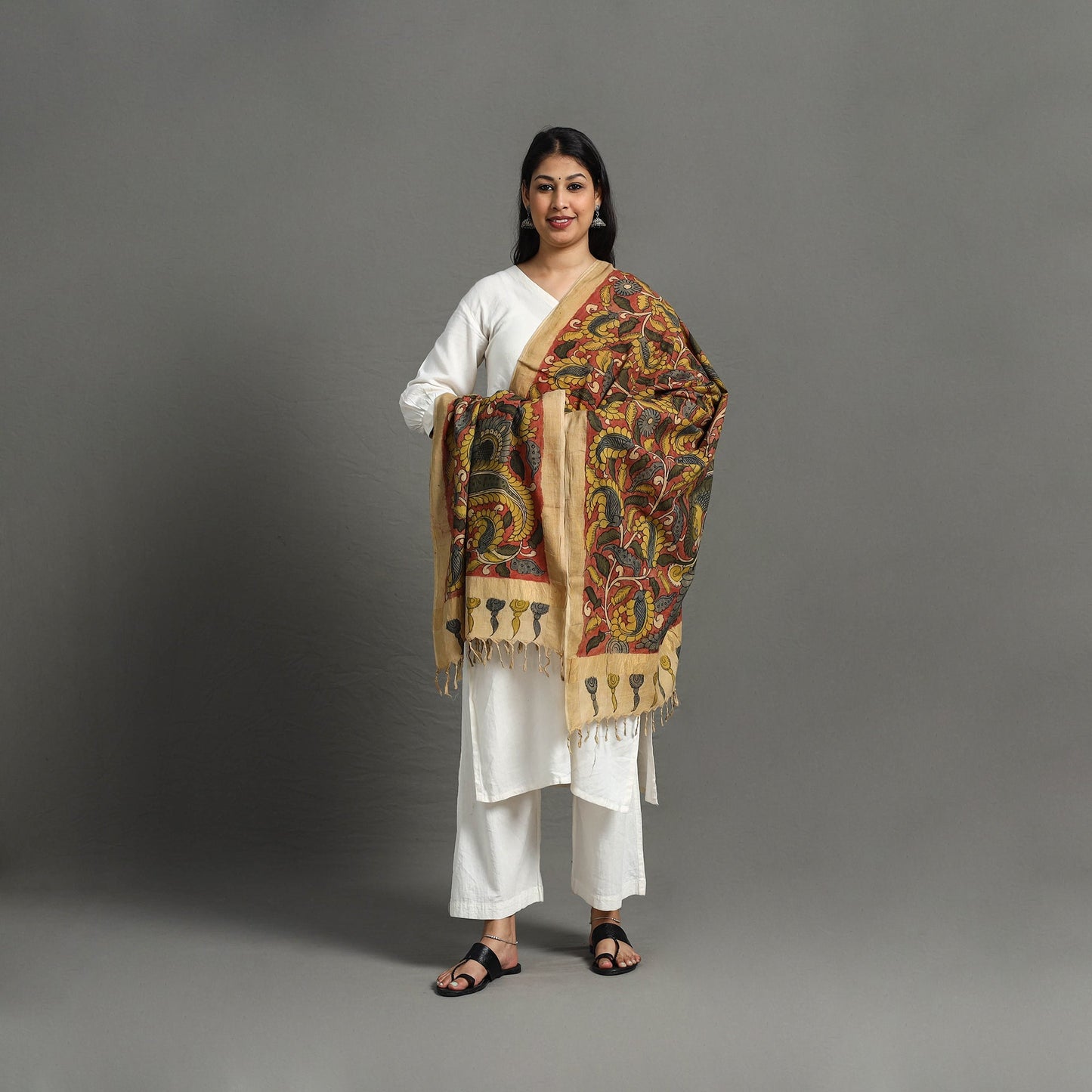 Red - mangalagiri cotton handpainted pen work kalamkari