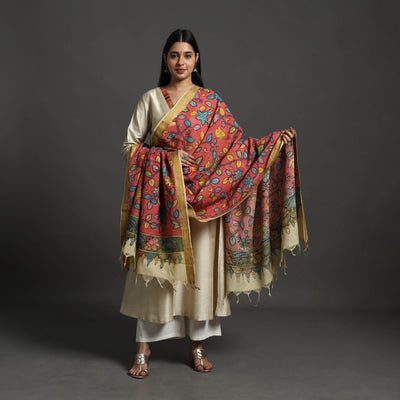 Red - Mangalagiri Cotton Handpainted Pen Work Kalamkari Dupatta 12