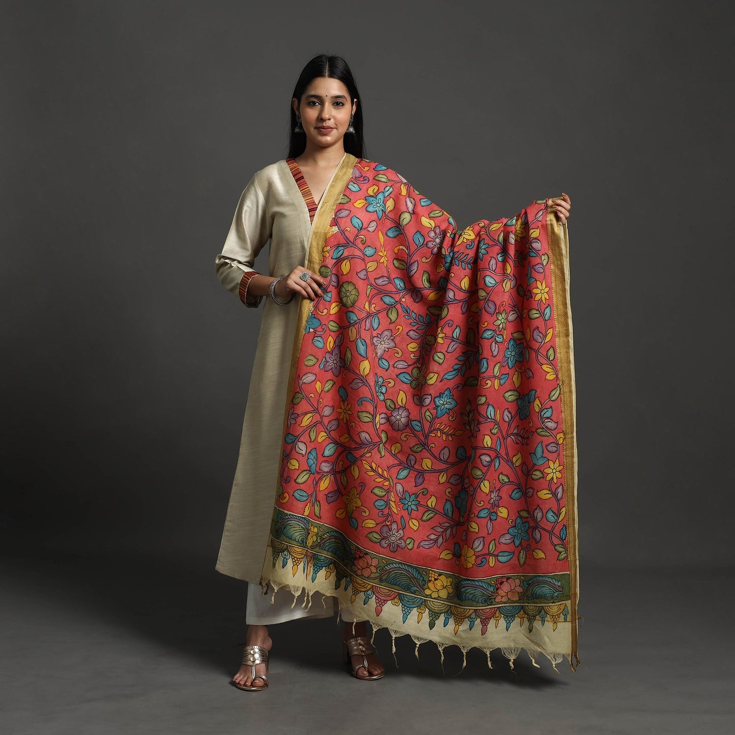 Red - Mangalagiri Cotton Handpainted Pen Work Kalamkari Dupatta 12