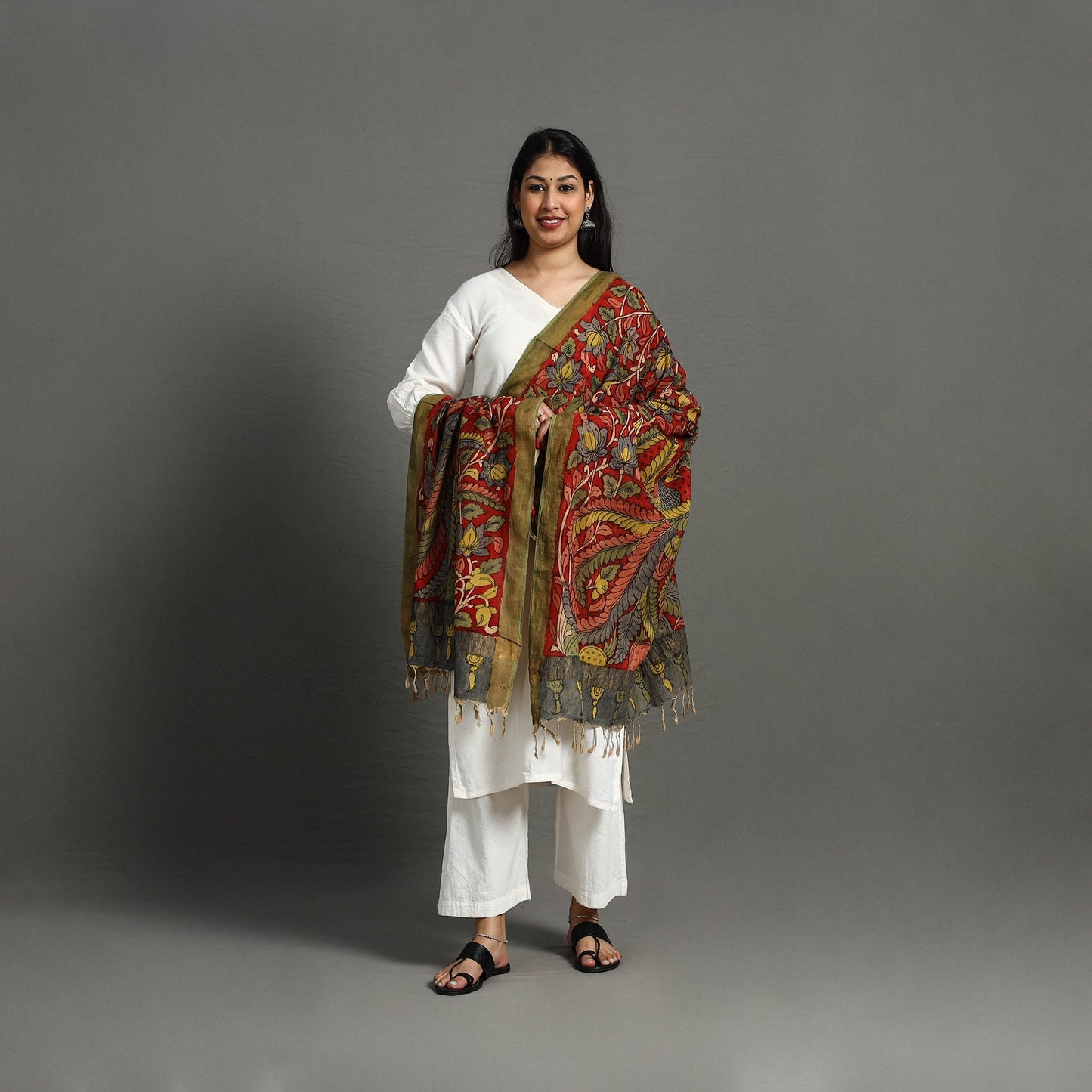 Red - mangalagiri cotton handpainted pen work kalamkari