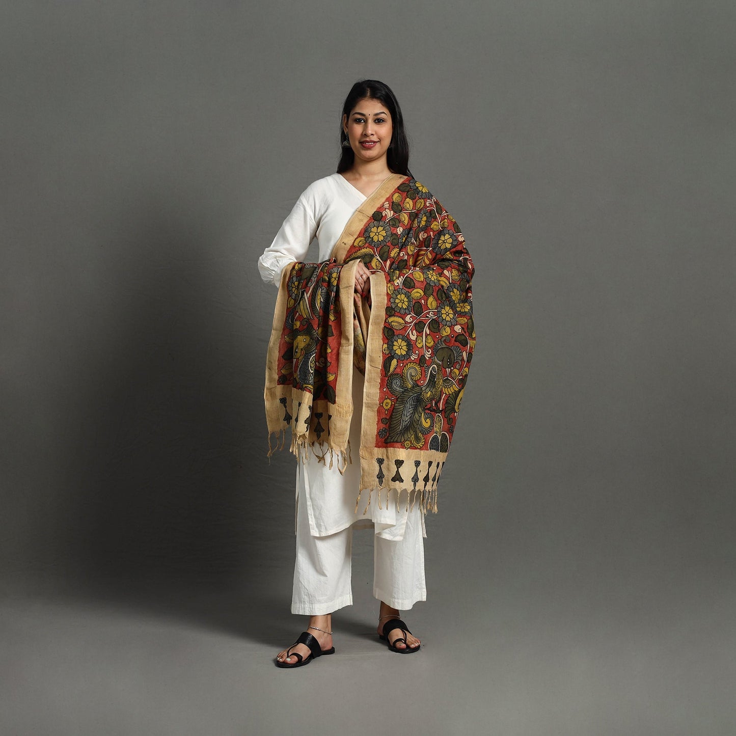 Red - Mangalagiri Cotton Handpainted Pen Work Kalamkari Dupatta 16