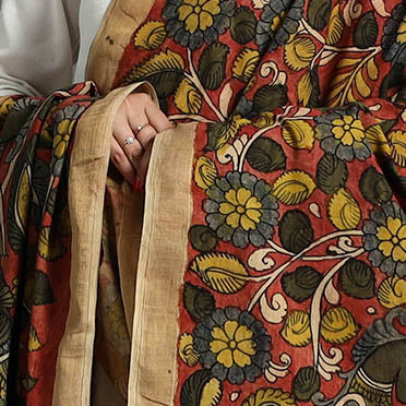 Red - Mangalagiri Cotton Handpainted Pen Work Kalamkari Dupatta 16