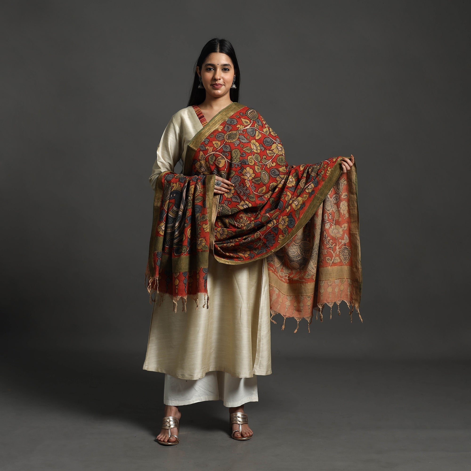 Brown - Mangalagiri Cotton Handpainted Pen Work Kalamkari Dupatta 02