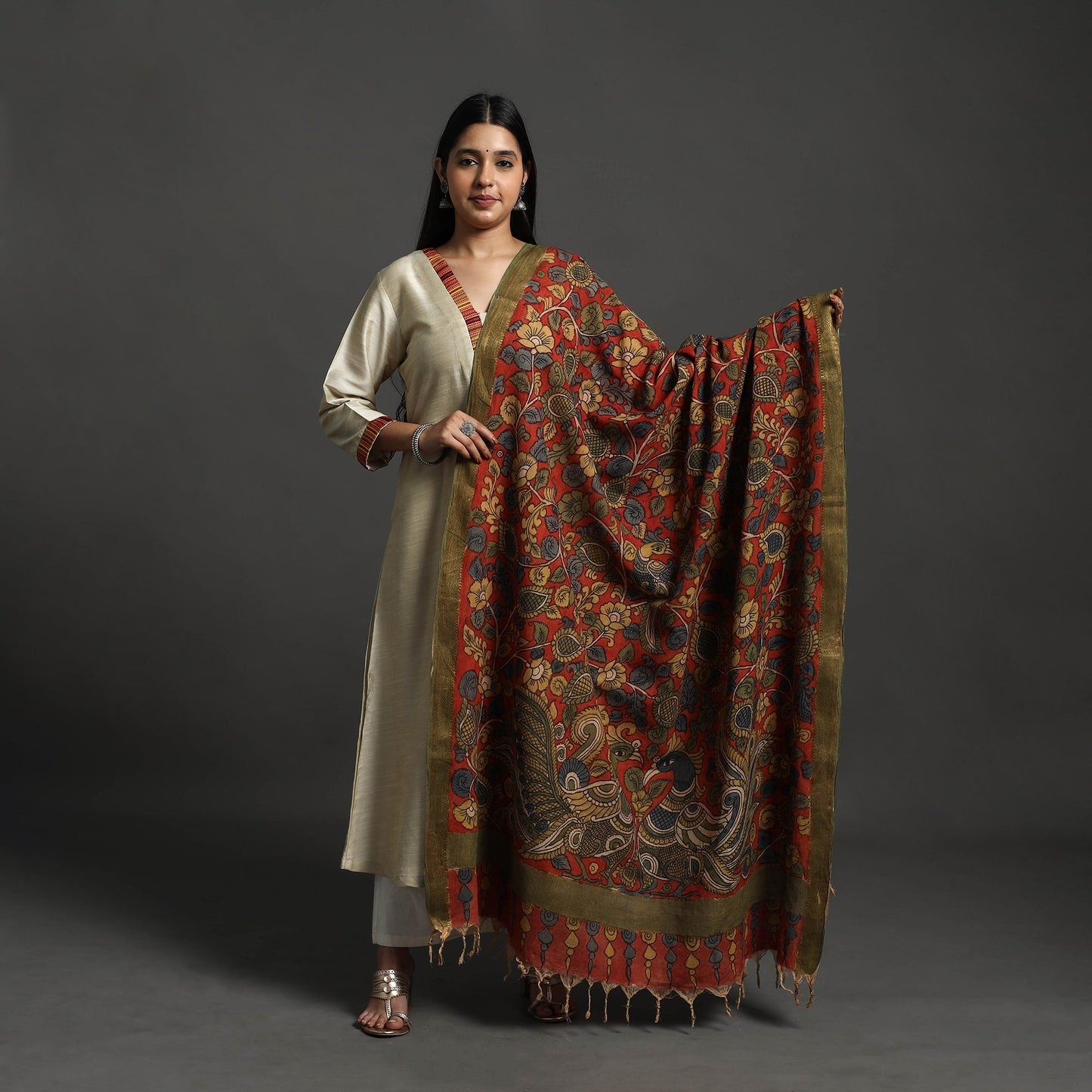 Red - mangalagiri cotton handpainted pen work kalamkari