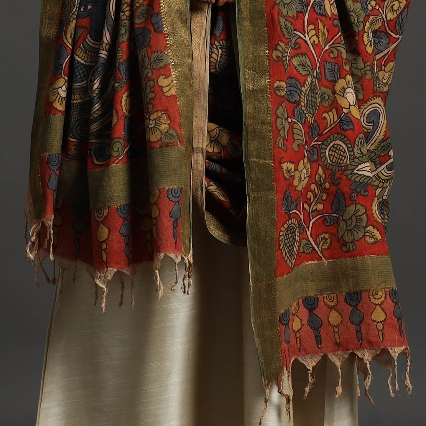 Red - mangalagiri cotton handpainted pen work kalamkari