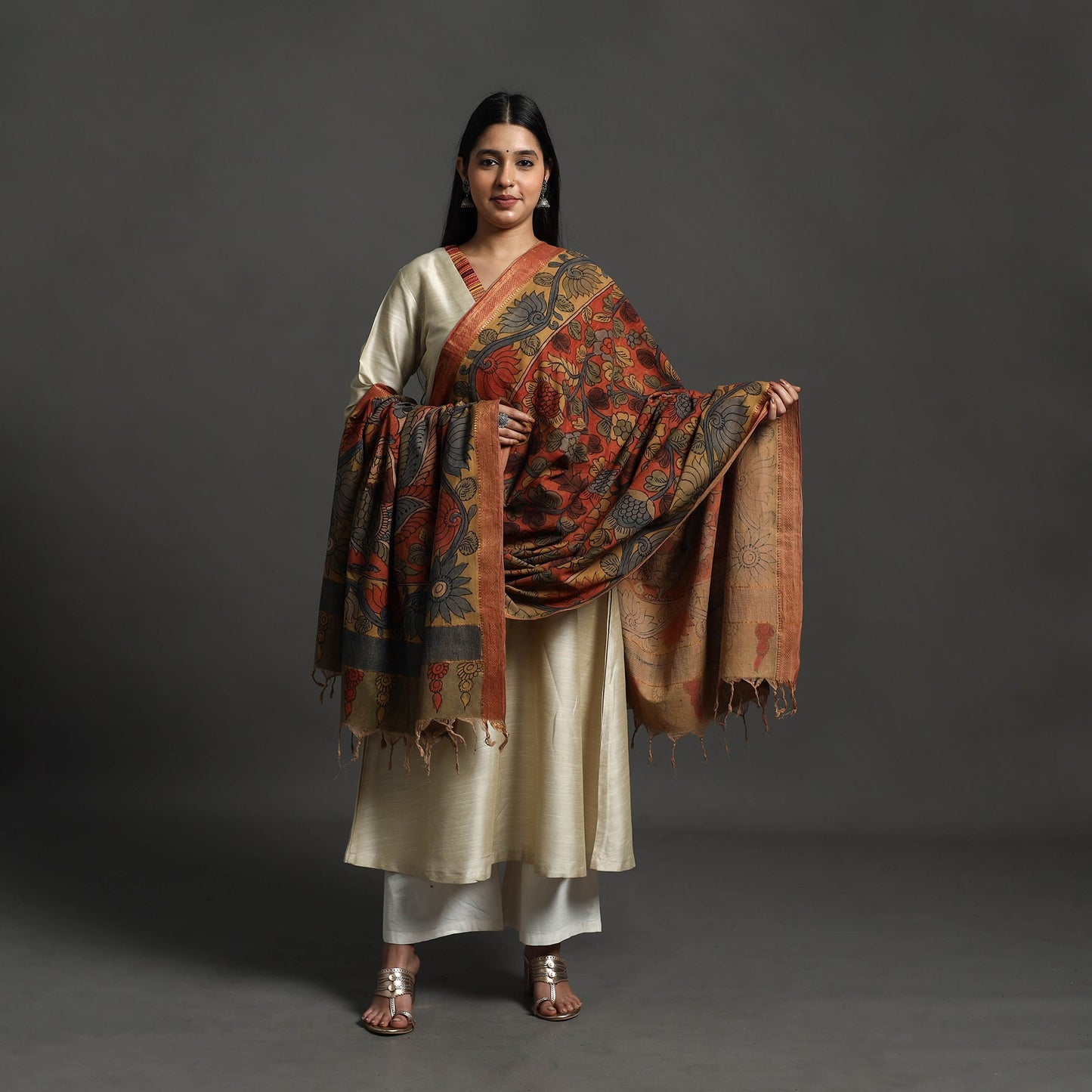 Red Mangalagiri Cotton Handpainted Pen Work Kalamkari Dupatta