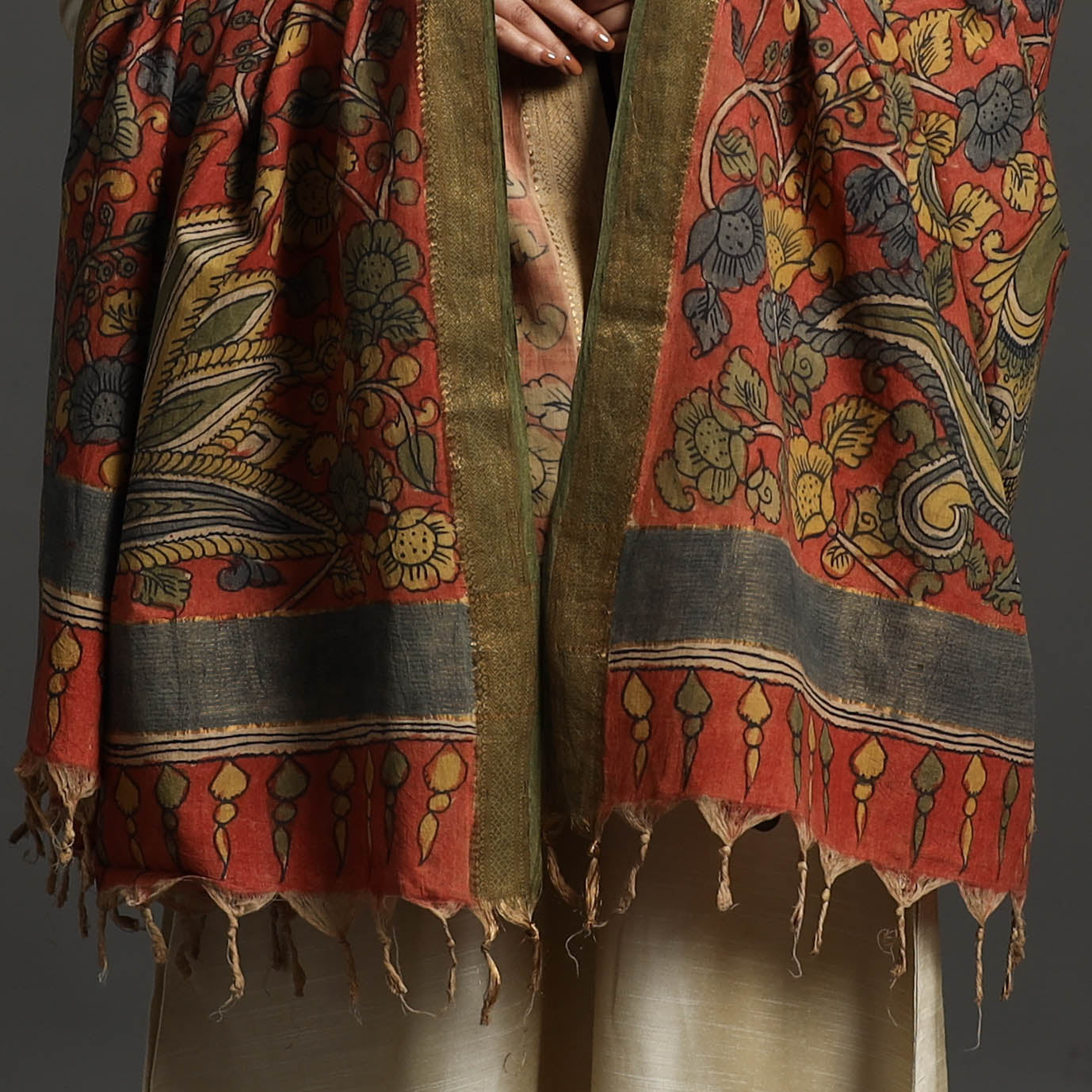 Red - mangalagiri cotton handpainted pen work kalamkari