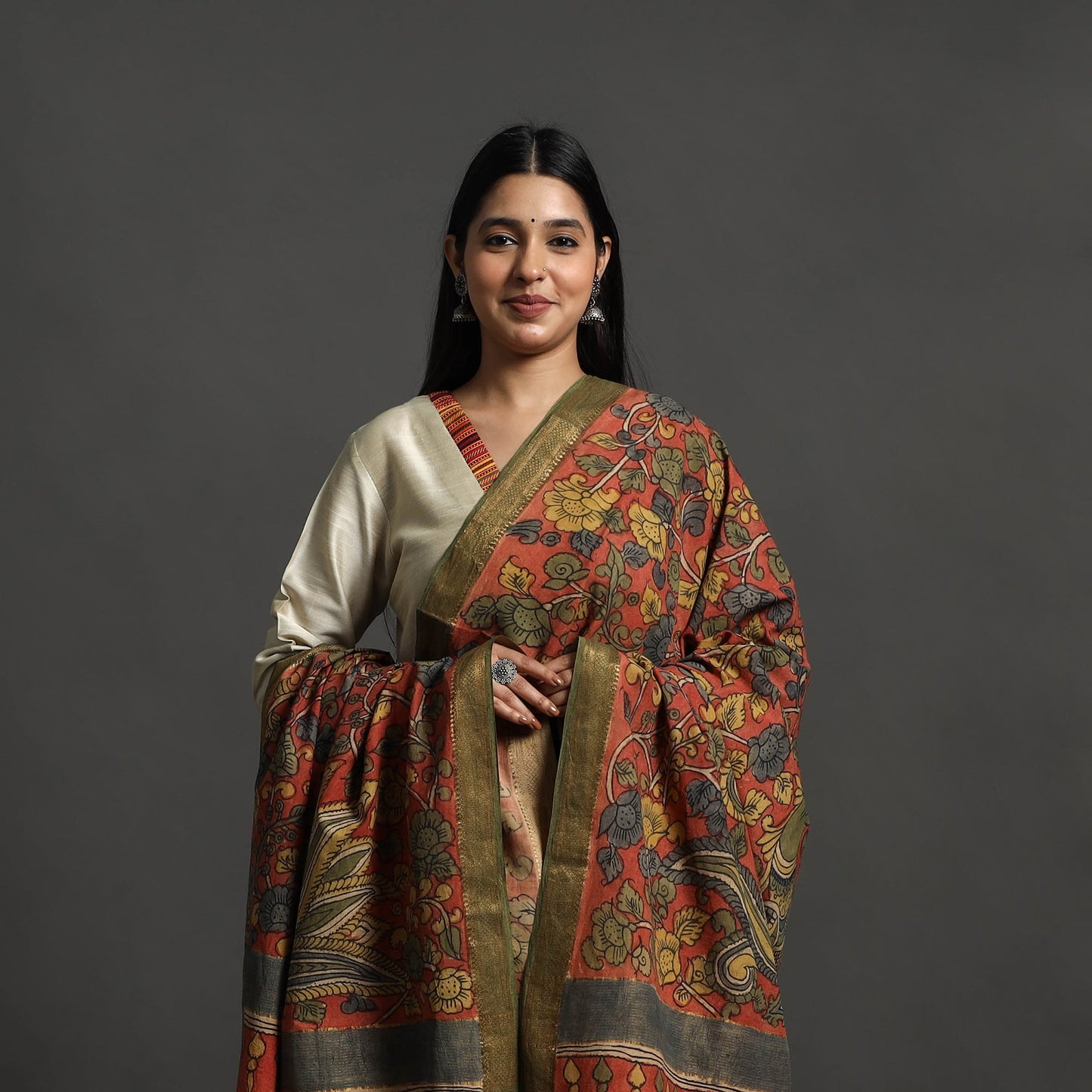 Red - mangalagiri cotton handpainted pen work kalamkari