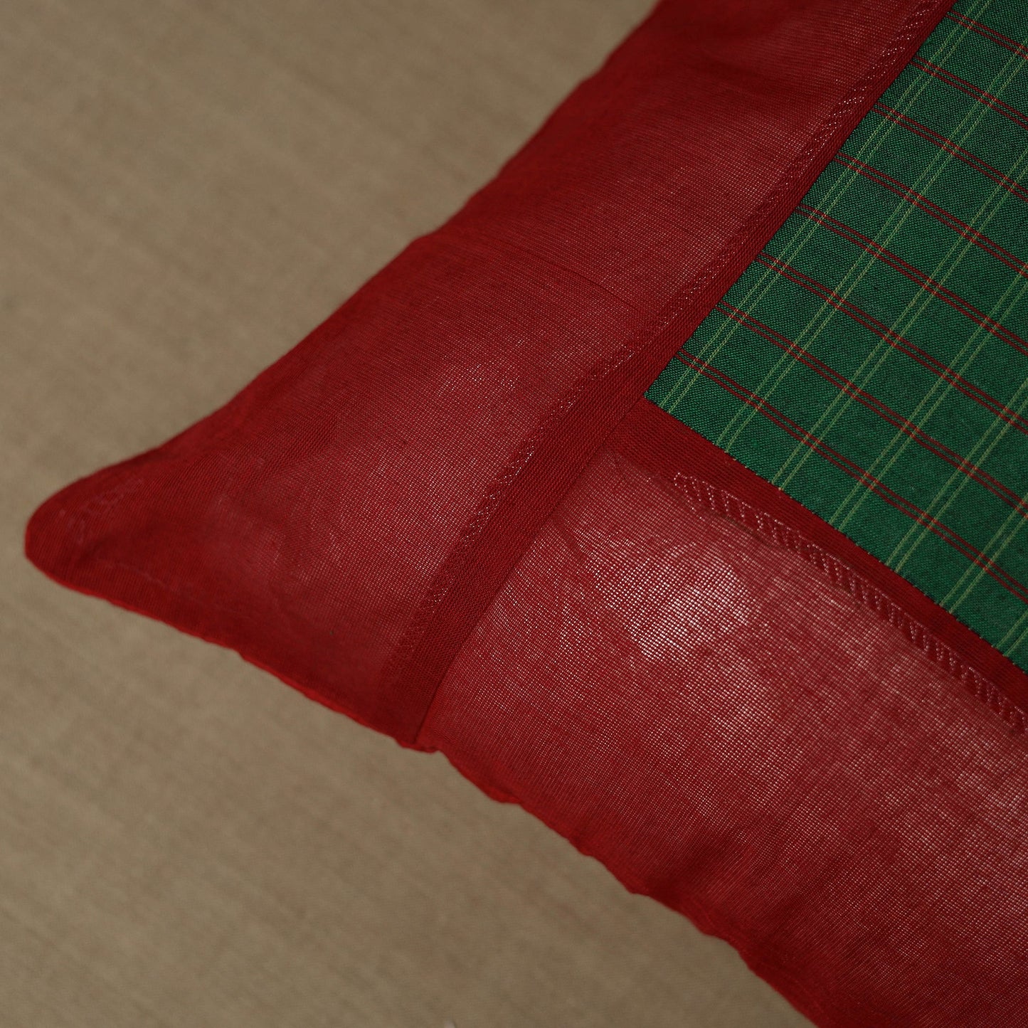 Red - Maroon - Kanchipuram Patchwork Cotton Cushion Cover 22