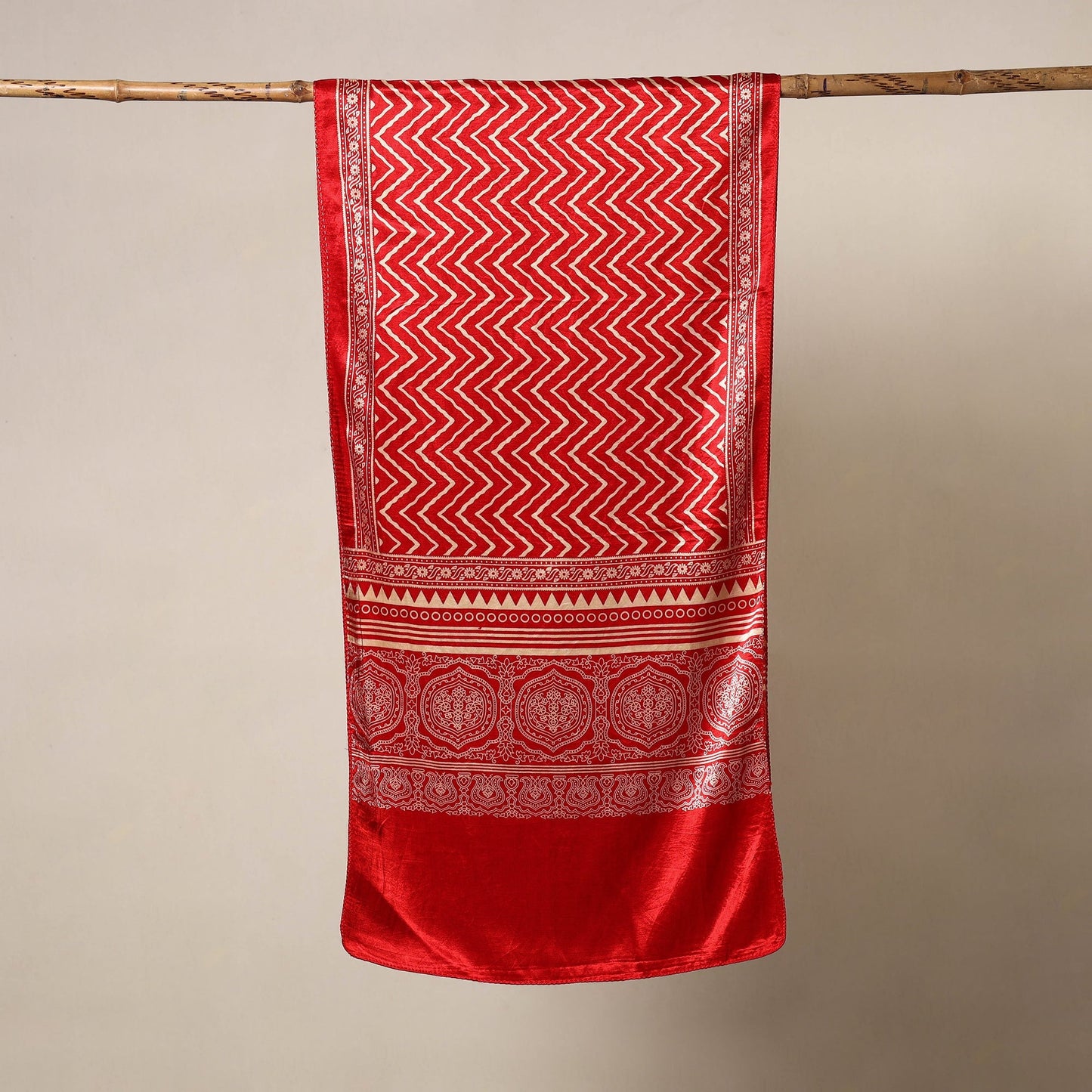 Red - mashru silk printed stole 43 - handcrafted