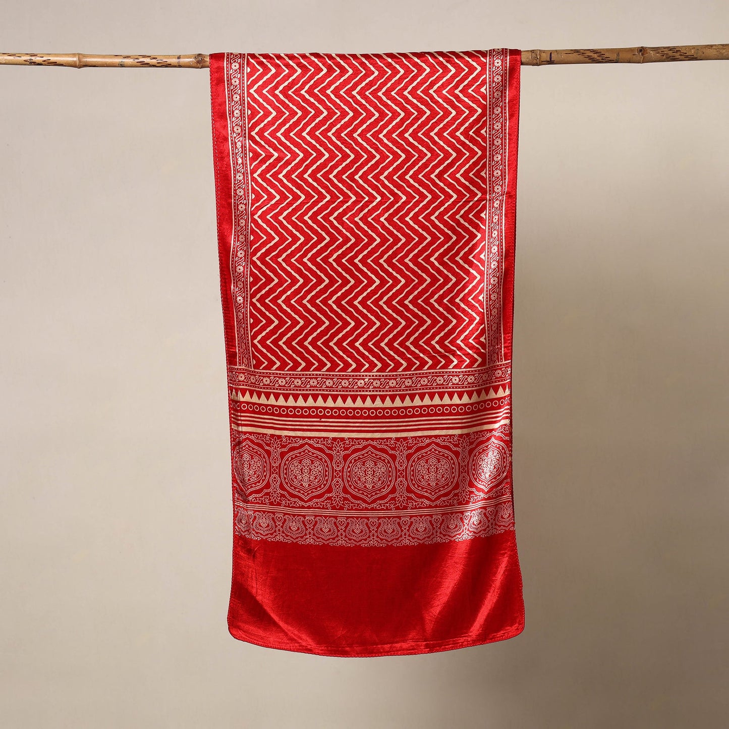 Red - mashru silk printed stole 43 - handcrafted