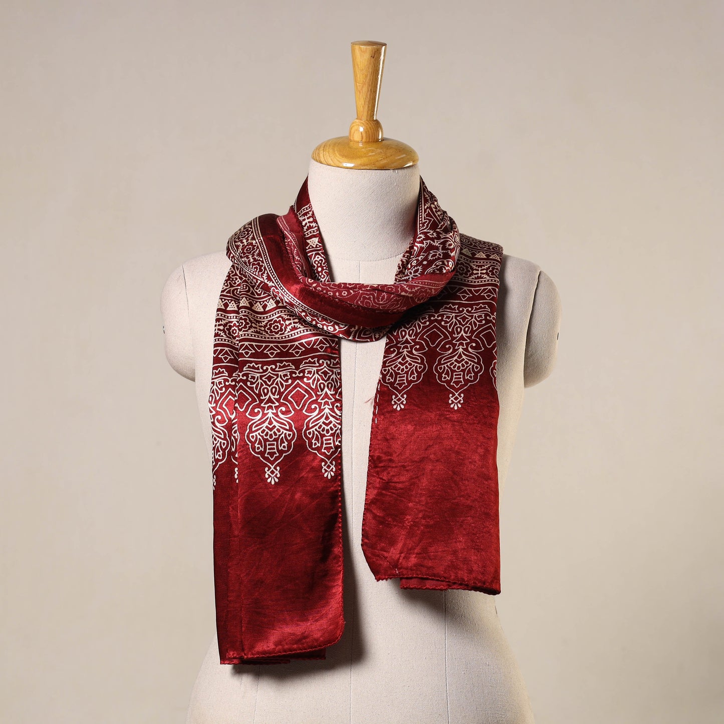 Red Mashru Silk Printed Ajrakh Stole 