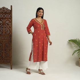Mehfil Mosaic Cotton Red Straight Jacquard Kurta for Women