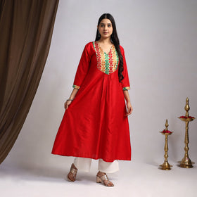 Red Mehfil Mosaic Slub Silk A-Line Plain Kurta for Women