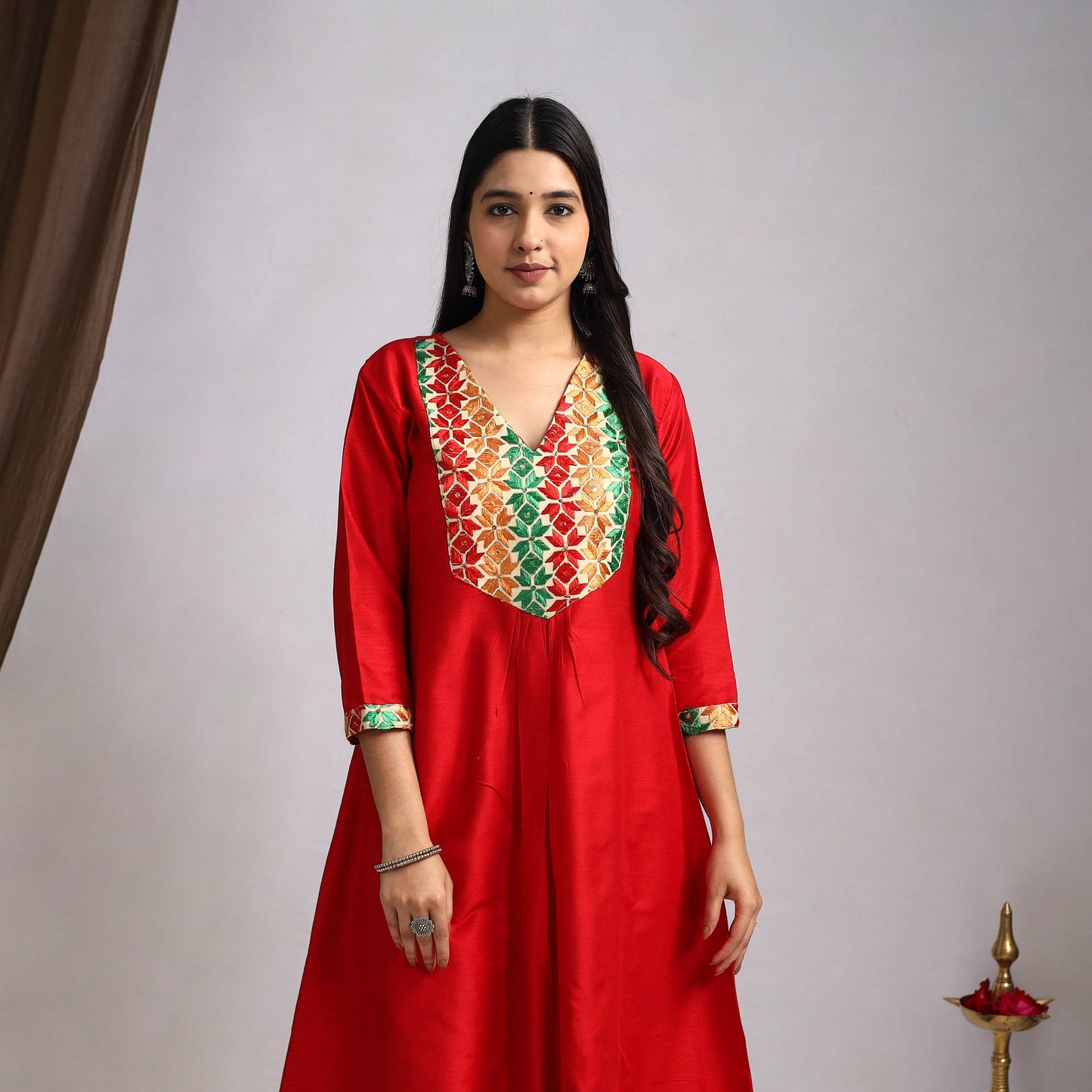 Red Mehfil Mosaic Slub Silk A-Line Plain Kurta for Women