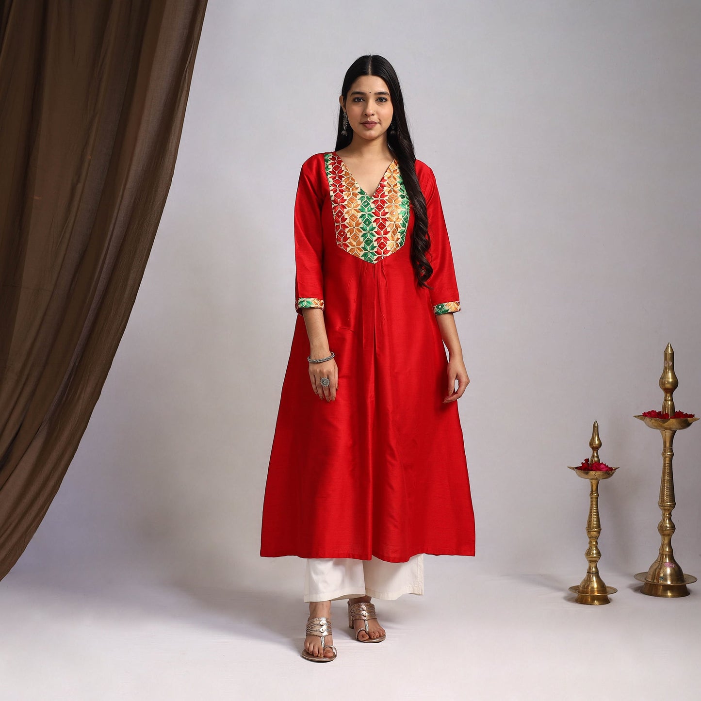 Red Mehfil Mosaic Slub Silk A-Line Plain Kurta for Women