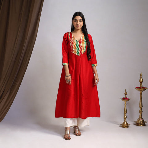Red Mehfil Mosaic Slub Silk A-Line Plain Kurta for Women