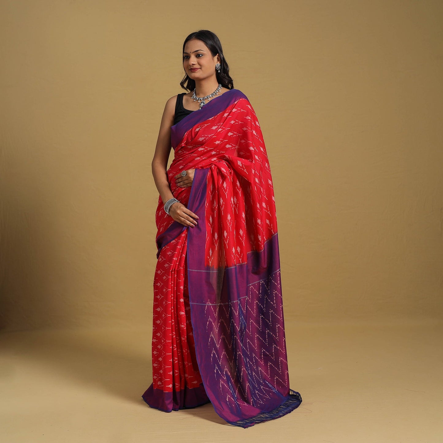 Red Mercerised Cotton Handloom Pochampally Ikat Saree