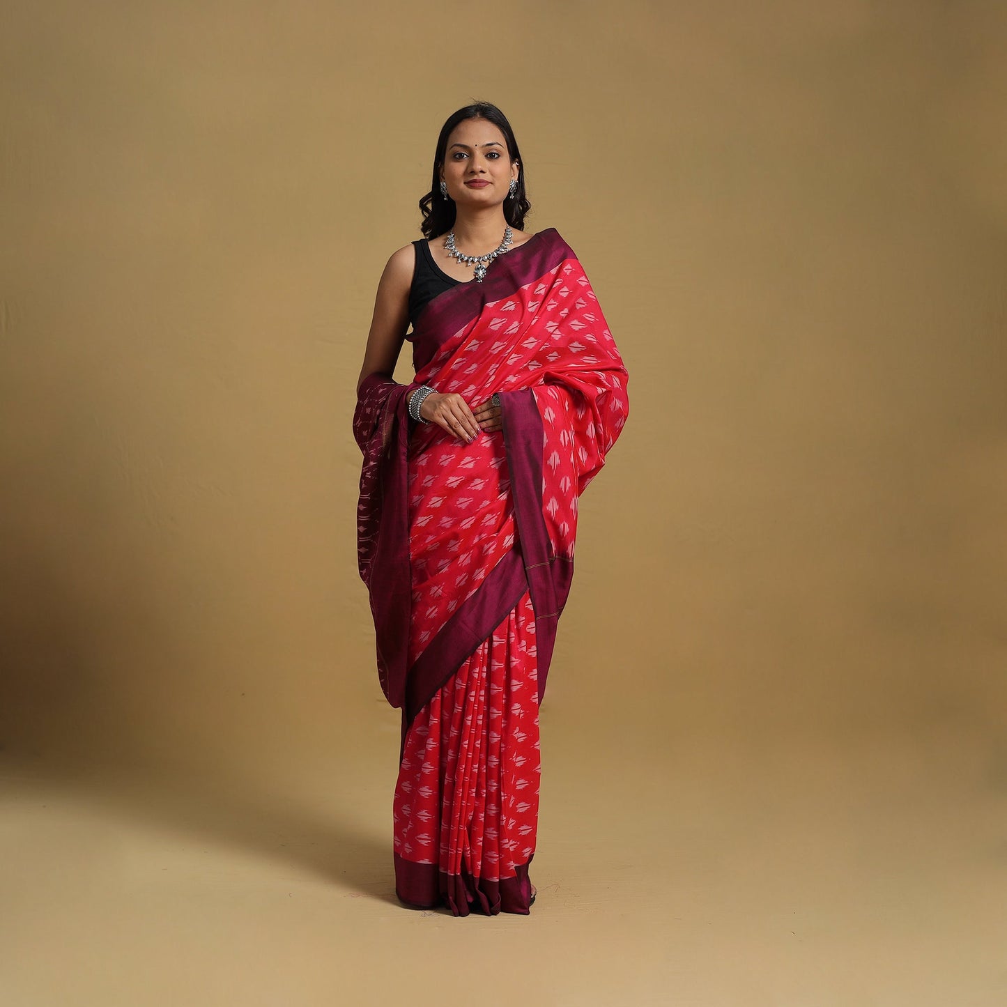 Red Mercerised Cotton Handloom Pochampally Ikat Saree