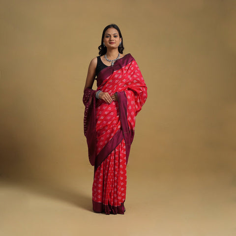 Red Mercerised Cotton Handloom Pochampally Ikat Saree