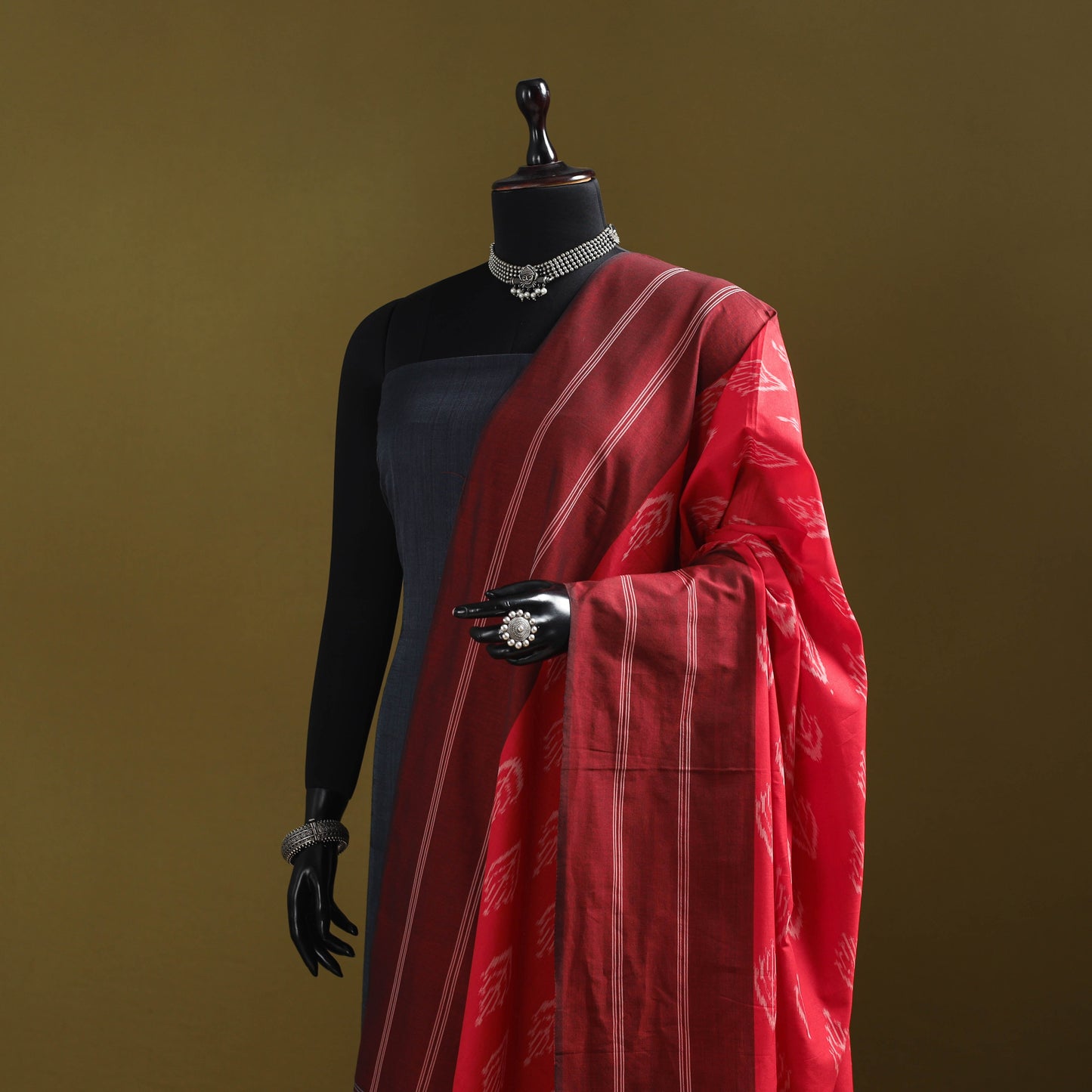 Red - mercerised cotton pochampally ikat dupatta 20