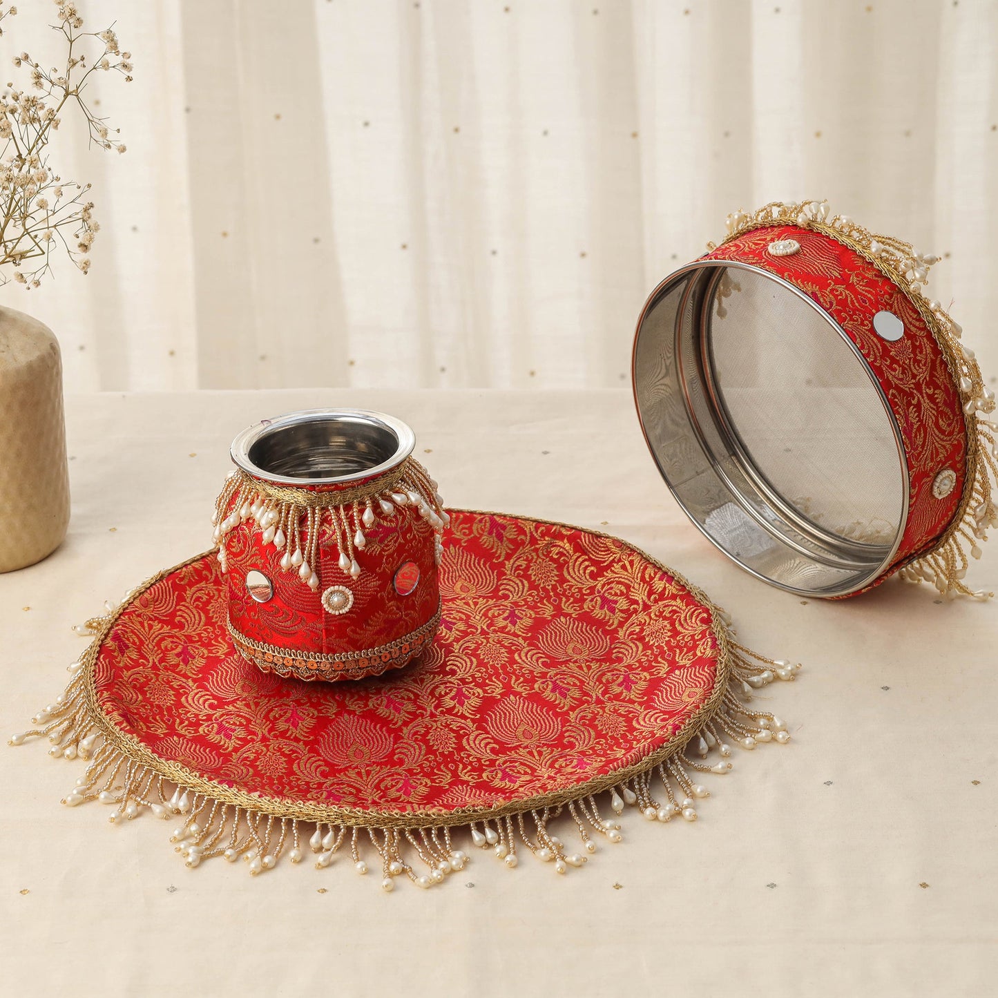 Red mirror beads karwa chauth thali set 07 - handcrafted