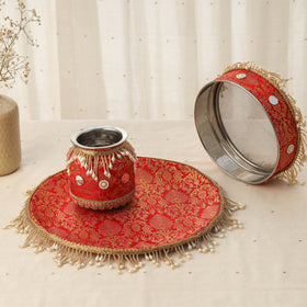 Red mirror beads karwa chauth thali set 07 - handcrafted