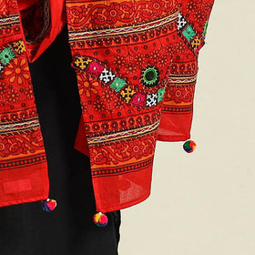  Red Mirror Work Printed Cotton Kutch Embroidery Dupatta