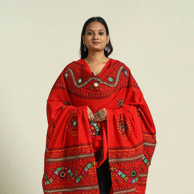 Red Mirror Work Printed Cotton Kutch Embroidery Dupatta