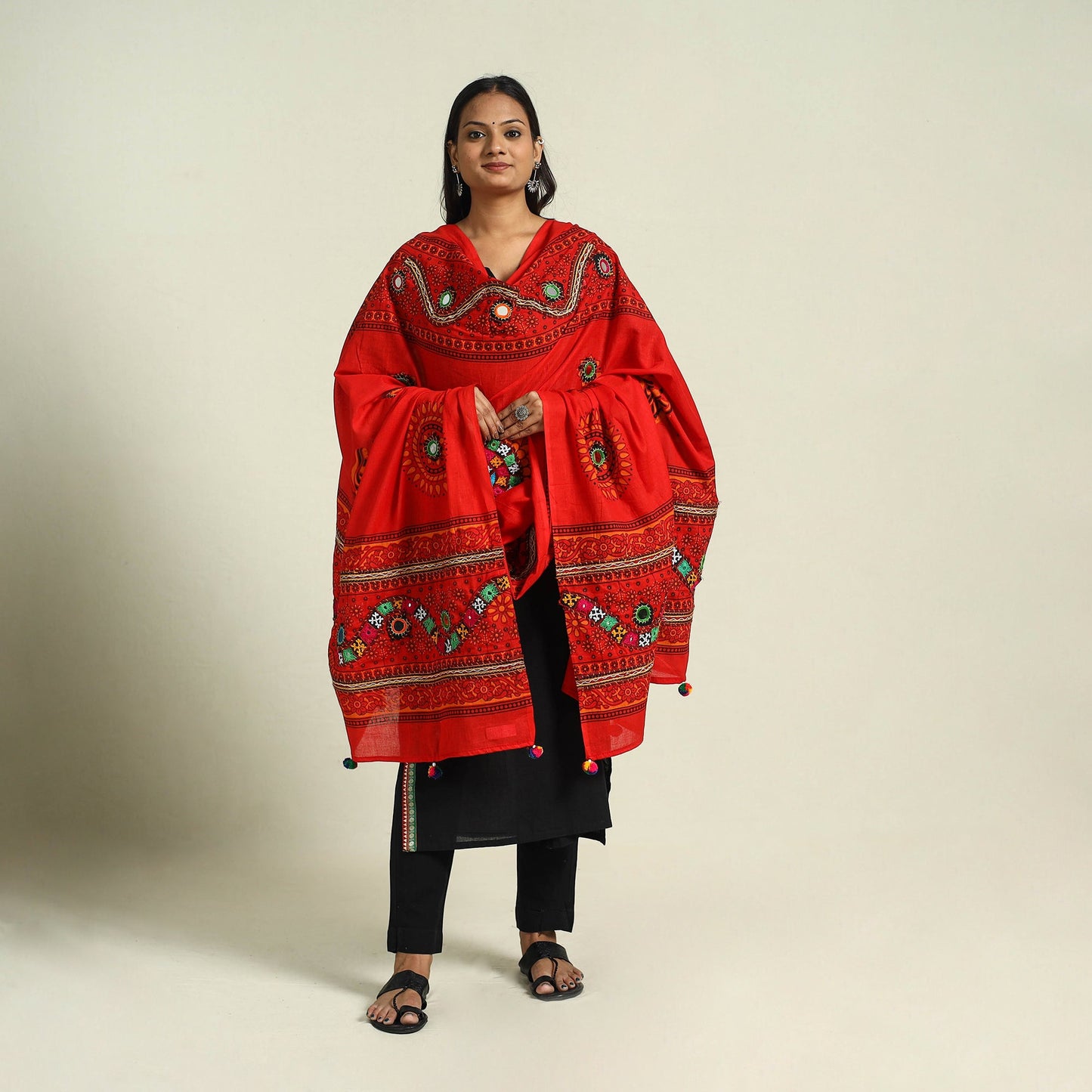  Red Mirror Work Printed Cotton Kutch Embroidery Dupatta