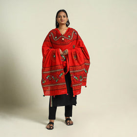  Red Mirror Work Printed Cotton Kutch Embroidery Dupatta