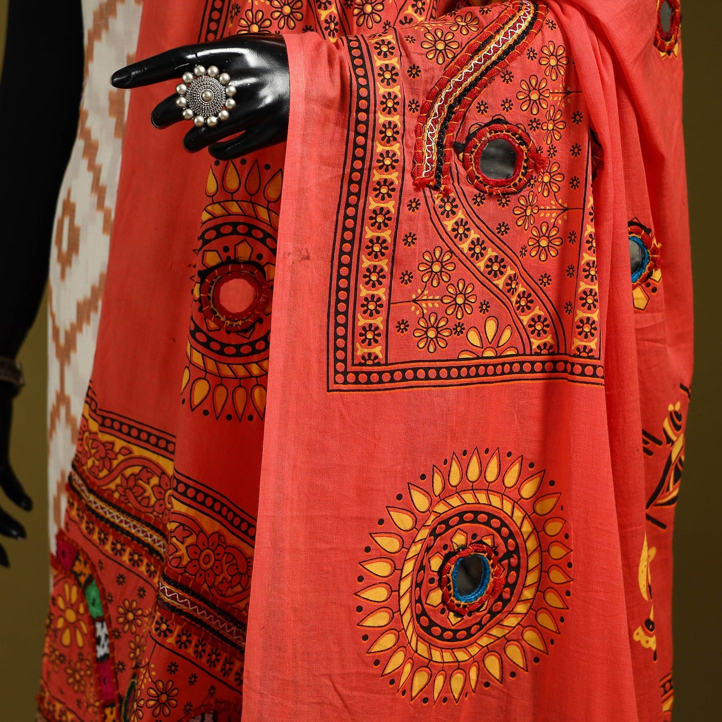 Mirror work printed cotton kutch hand embroidery dupatta 03