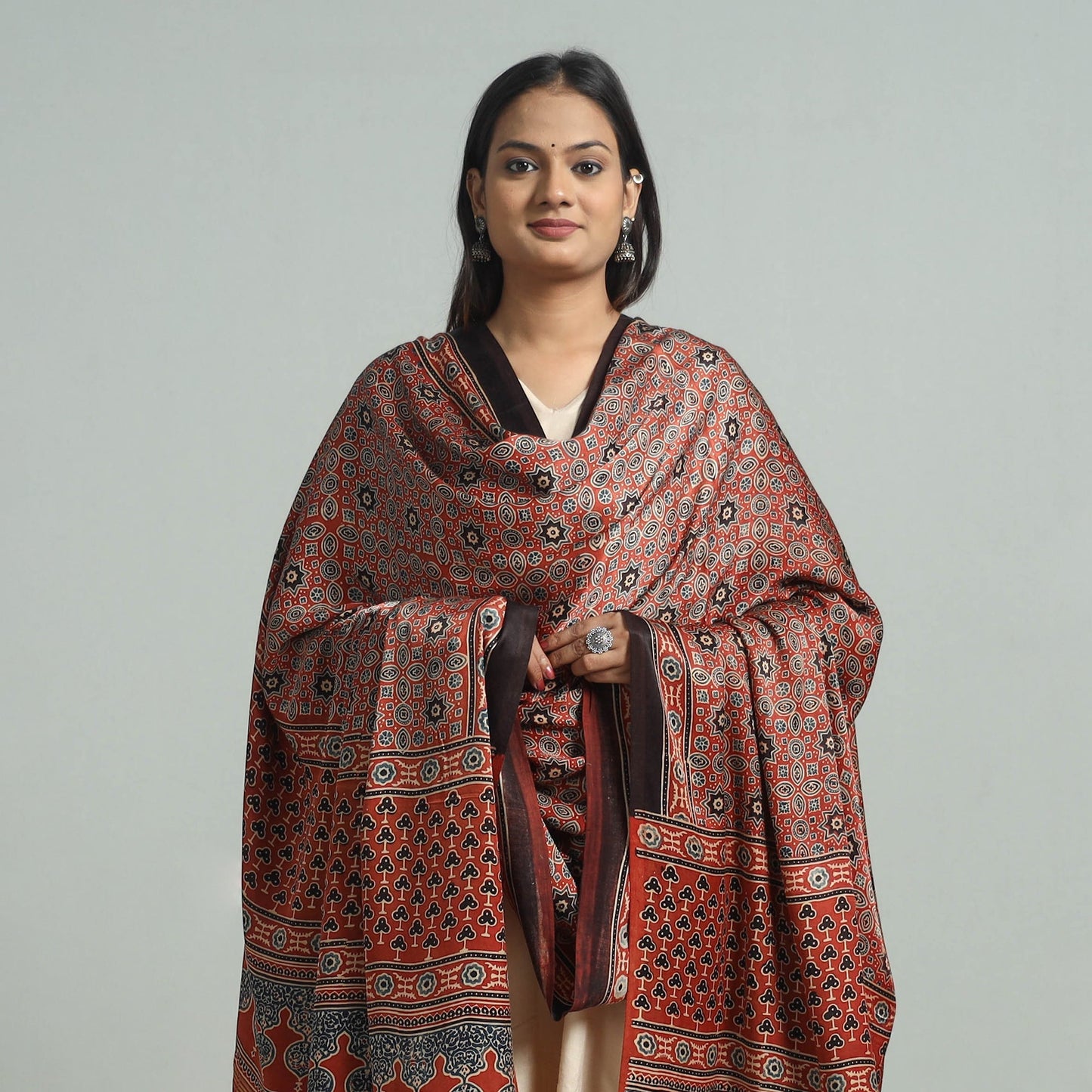 Modal Silk Block Print Ajrakh Dupatta