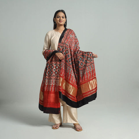Red - modal silk dupatta 32 - handcrafted