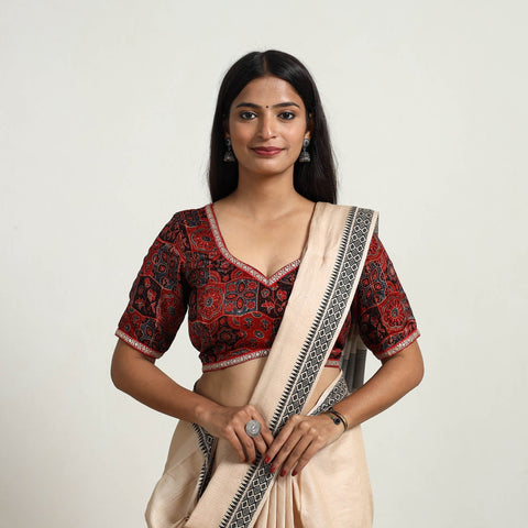 Red Modal Silk Block Print Stitched Ajrakh Blouse Online