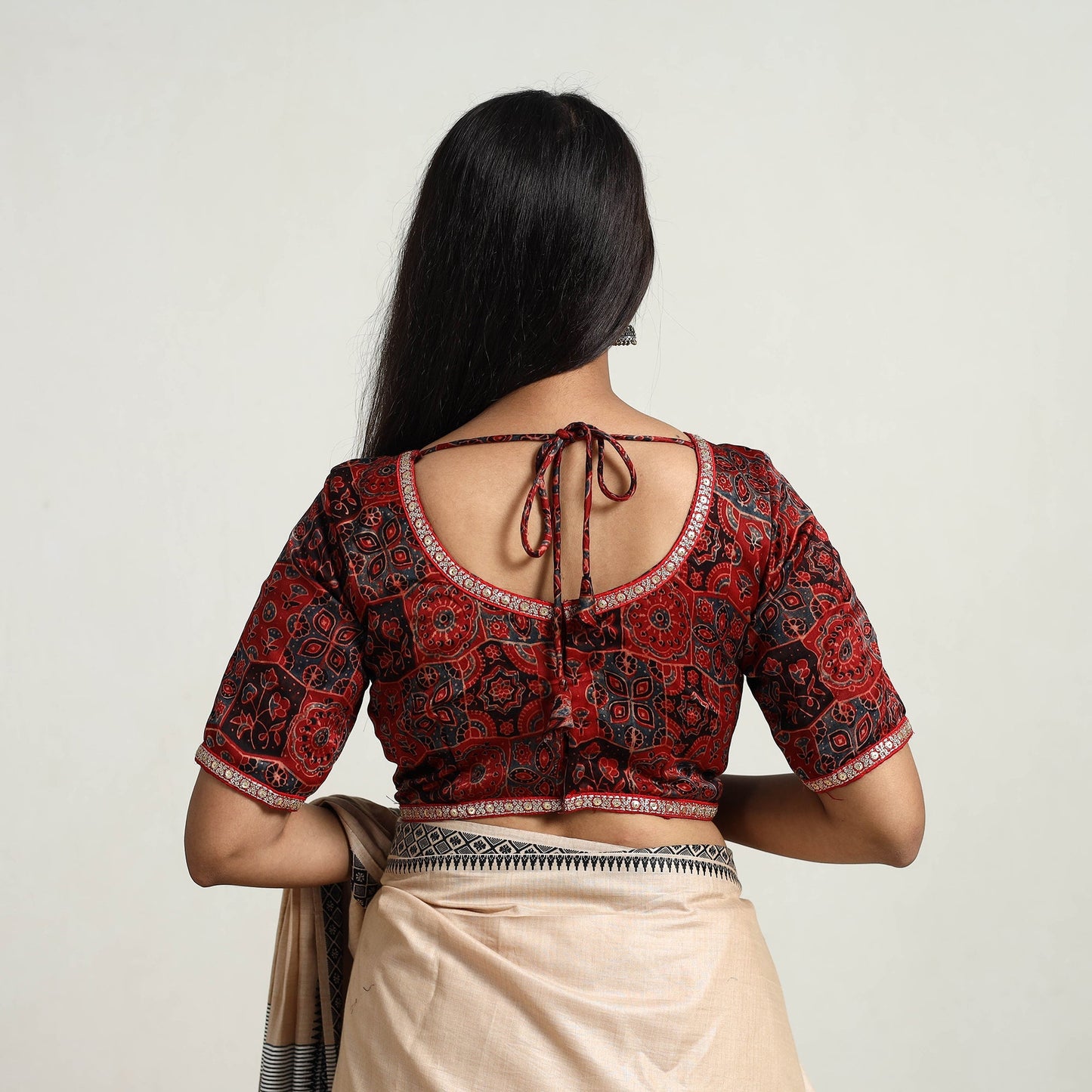 Red Modal Silk Block Print Stitched Ajrakh Blouse Online