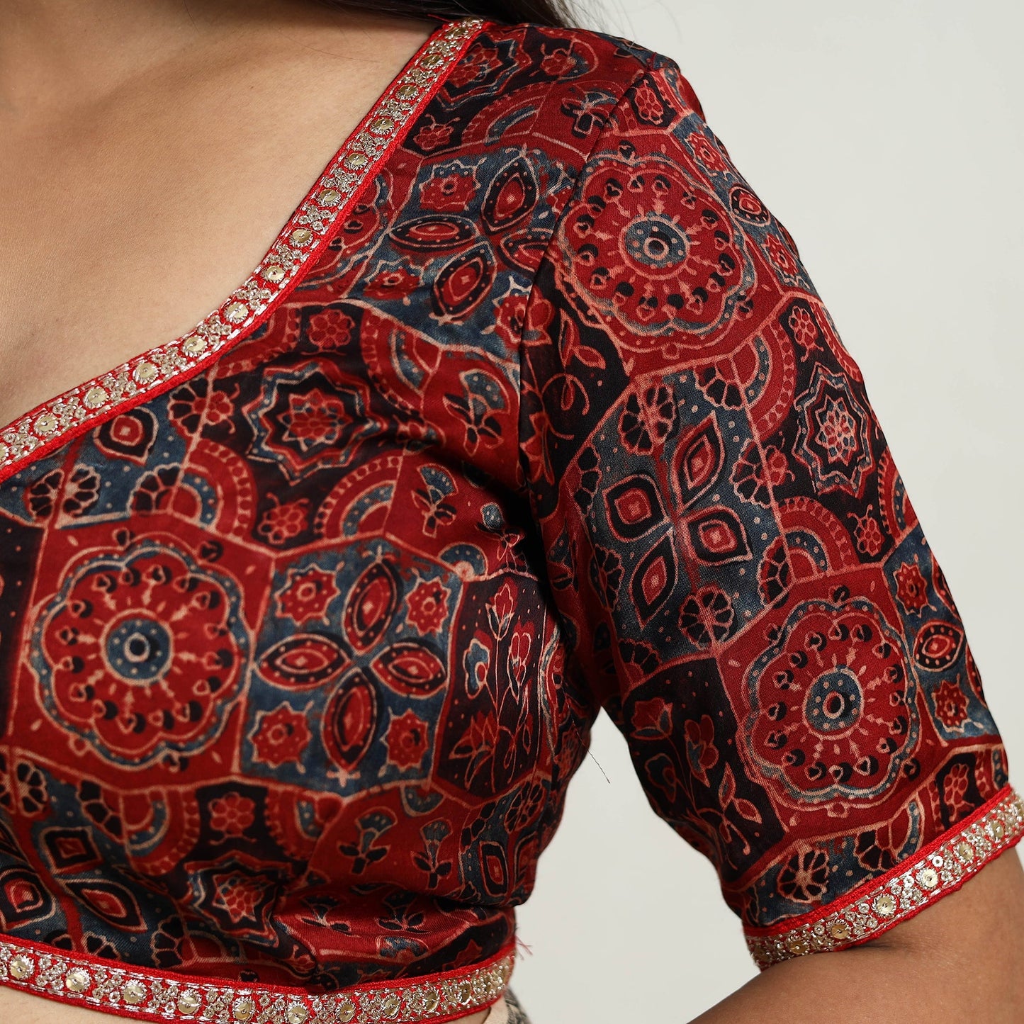 Red Modal Silk Block Print Stitched Ajrakh Blouse Online